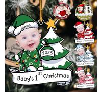 Personalised Baby First Christmas Ornament 2025, Custom Name & Photo Baby's 1st Xmas Tree Hanging Ornaments,Customized Christmas Decoration Boy Girl Gifts (Style 1 - Green)