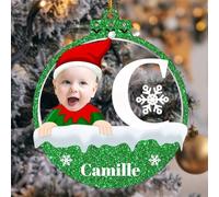 Personalised Baby First Christmas Ornament 2025, Custom Name & Photo Baby's 1st Xmas Tree Hanging Ornaments,Customized Christmas Decoration Boy Girl Gifts (Style 2 - Green)