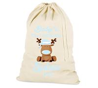 Personalised Baby First Christmas Santa Sack in Blue Cotton Drawstring Gift Bag