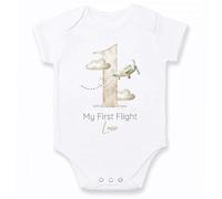 Personalised Baby First Flight Bodysuit and T-shirt, White with Beige Airplane Design (Baby Vest: White, 0-3 Months)