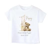 Personalised Baby First Flight Bodysuit and T-shirt, White with Beige Teddy Airplane Design (Kid T-Shirt: White, 1-2 Years)