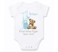 Personalised Baby First Flight Bodysuit and T-shirt, White with Blue Teddy Airplane Design (Baby Vest: White, 3-6 Months)