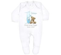 Personalised Baby First Flight Bodysuit and T-shirt, White with Blue Teddy Airplane Design (Babygrow: White, 6-9 Months)