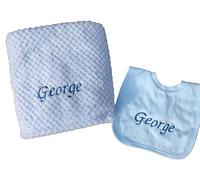 Personalised baby fleece blanket and bib gift set with name baby girl baby boy neutral gift (Blue)