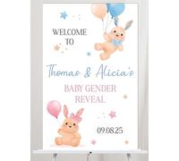 Personalised Baby Gender Reveal Welcome Party Board in Wood 11 Designs Elephants, Teddy Custom Name/s & Date Is It a Boy or Girl Reveal Party Sign (Bunnies)