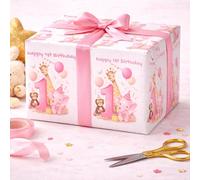 Personalised Baby Girl 1st Birthday Wrapping Paper - Custom Name Pink Gift Wrap with Cute Safari Animals, Baby Girl Birthday Gift Wrapping Paper, First Birthday Party Supplies (3 Meter)