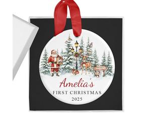 Personalised Baby Girl or Boy's First Christmas Bauble with Gift Box - Santa Scene - Custom Name & Year - Ceramic Tree Ornament Decoration Keepsake Gift for My 1st Xmas