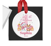 Personalised Baby Girl's First Christmas Bauble with Gift Box - Pink 1st Christmas Scene - Custom Name & Year - Ceramic Tree Ornament Decoration Keepsake Gift for My 1st Xmas