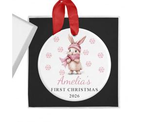 Personalised Baby Girl's First Christmas Bauble with Gift Box - Pink Bunny - Custom Name & Year - Ceramic Tree Ornament Decoration Keepsake Gift for My 1st Xmas