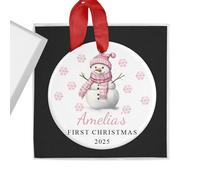 Personalised Baby Girl's First Christmas Bauble with Gift Box - Pink Snowman - Custom Name & Year - Ceramic Tree Ornament Decoration Keepsake Gift for My 1st Xmas