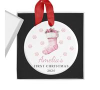 Personalised Baby Girl's First Christmas Bauble with Gift Box - Pink Stocking - Custom Name & Year - Ceramic Tree Ornament Decoration Keepsake Gift for My 1st Xmas