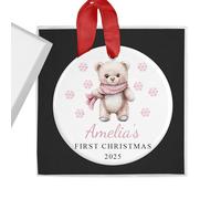 Personalised Baby Girl's First Christmas Bauble with Gift Box - Pink Teddy - Custom Name & Year - Ceramic Tree Ornament Decoration Keepsake Gift for My 1st Xmas