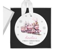 Personalised Baby Girl's First Christmas Bauble with Gift Box - Pink Train - Custom Name & Year - Ceramic Tree Ornament Decoration Keepsake Gift for My 1st Xmas
