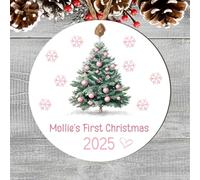 Personalised Baby Girl's First Christmas Pink Hanging Decoration Cute Festive & Fun Custom 1st Christmas Tree Bauble Keepsake Gift For Mummy & Daddy (Tree, MDF Wood - Indoor use Only)