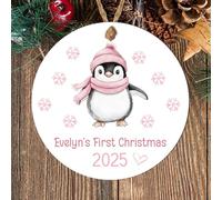 Personalised Baby Girl's First Christmas Pink Hanging Decoration Cute Festive & Fun Custom 1st Christmas Tree Bauble Keepsake Gift For Mummy & Daddy (Penguin, MDF Wood - Indoor use Only)