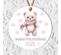 Personalised Baby Girl's First Christmas Pink Hanging Decoration Cute Festive & Fun Custom 1st Christmas Tree Bauble Keepsake Gift For Mummy & Daddy (Teddy, MDF Wood - Indoor use Only)