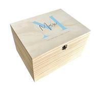 Personalised Baby Keepsake Box with Initial | Treasured Memories Gift Box for Newborns | Personalised Name and Date | Colour Options | Pine Box with Metal Hinges & Clasp | W26cm x D18.9cm x H15.5cm