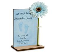 Personalised Baby Loss Memorial Wooden Plaque with Artificial Flower Miscarriage Remembrance Angel Baby Keepsake Ornament Gift (Tiny Feet (Blue))