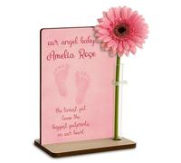 Personalised Baby Loss Memorial Wooden Plaque with Artificial Flower Miscarriage Remembrance Angel Baby Keepsake Ornament Gift (Tiny Feet (Pink))