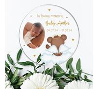 Personalised Baby Memorial Plaque with Angel Bear Design and Customisable Photo Space - Weatherproof Acrylic Grave Sign for Infant Remembrance, Baby Loss Tribute, and Memorial Gift