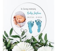 Personalised Baby Memorial Plaque with Blue Feet Design, Custom Photo Space, and Weatherproof Acrylic - Infant Loss Tribute and Remembrance Gift
