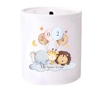 Personalised Baby Money Box Ceramic Custom Keepsake Unisex Jungle Design, Baby Girl Boy Gift First Birthday My 1st Money Box Birth Details Front and Back
