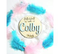 Personalised Baby Name Announcement Plaque - Hello World, Welcome To The World - Pregnancy Announcement Sign, Baby Photo Prop - Regular (12x12cm), Beige