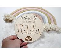 Personalised Baby Name Plaque | Hello World | Welcome To The World | Pregnancy Annoucement Sign | Baby Phot Prop | Baby Annoucement Plauqe | Baby Name Disc (Small (11x13cm))