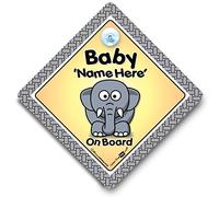 Personalised Baby On Board Sign Cute Elephant, Suction Cup Baby Car Sign
