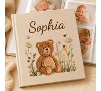 Personalised Baby Photo Album with Embroidered Teddy Bear (200 Photos) | Custom Linen First Year Baby Memory Book with Name, Baby Keepsake for Newborn Boys Girls, Acid-Free 11 x 14cm Photo 50 Pages