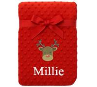 Personalised Baby Red Bobble Blanket - Christmas Santa, Reindeer or Snowman Design - Custom Embroidered with Any Name in White Thread - Baby’s First (Red Bobble - Reindeer)