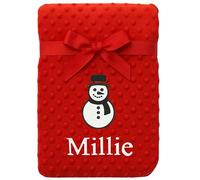 Personalised Baby Red Bobble Blanket - Christmas Santa, Reindeer or Snowman Design - Custom Embroidered with Any Name in White Thread - Baby’s First (Red Bobble - Snowman)