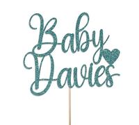 Personalised Baby Shower Cake Topper by KreateSquare - Double sided Glitter 950 GSM - Customised with Any Name - Welcome Baby Party Cake Decoration (Turquoise)