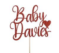 Personalised Baby Shower Cake Topper by KreateSquare - Double sided Glitter 950 GSM - Customised with Any Name - Welcome Baby Party Cake Decoration (Red)