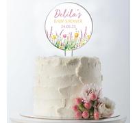 Personalised Baby Shower Cake Topper - Custom Child's Name & Event Date - Floral Acrylic Cake Decoration - Gender Reveal Party Keepsake - 5 Colour Options (Flower Garden)