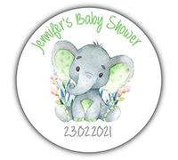 Personalised Baby Shower Stickers for Party Sweet Favour Gift Bags Seals Watercolour Elephant Green (2 x Round 140mm Giant)