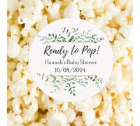 Personalised Baby Shower Stickers Thank You Popcorn Cone Stickers, Favour Bag Stickers, Ready to Pop, New Born, Gender Reveal - Green Floral