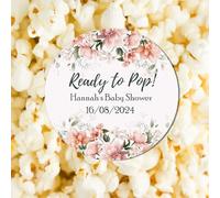 Personalised Baby Shower Stickers Thank You Popcorn Cone Stickers, Favour Bag Stickers, Ready to Pop, New Born, Gender Reveal - Peach Floral