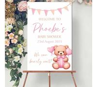 Personalised Baby Shower Welcome Board - Teddy Bear Theme - Customised Easel Plaque - Handmade Nursery Décor in Pink Blue or Brown Cute Teddies (Pink)