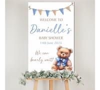 Personalised Baby Shower Welcome Board - Teddy Bear Theme - Customised Easel Plaque - Handmade Nursery Décor in Pink Blue or Brown Cute Teddies (Blue)