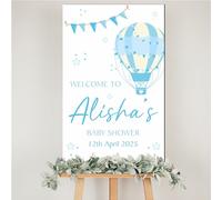 Personalised Baby Shower Welcome Sign - Custom Name & Date, Hot Air Balloon Theme, Baby Name Plaque, Nursery Keepsake, Wooden Gender Reveal Party Decoration (Blue)