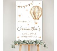 Personalised Baby Shower Welcome Sign - Custom Name & Date, Hot Air Balloon Theme, Baby Name Plaque, Nursery Keepsake, Wooden Gender Reveal Party Decoration (Brown)