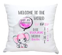 Personalised Baby Stats Birth Cushion Elephant and Balloon Choice of Colours (Lemon)