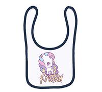 Personalised Baby Unicorn Rainbow Cloud Pattern Any Name Baby Girl Birthday Toddler Bib Fastening Style Unisex Style Baby Shower Idea. (White Navy)