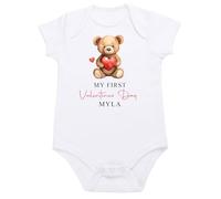Personalised Baby Valentines Pyjamas Bodysuit Romper Sleepsuit Teddy Bear Heart PJs (First Valentines Bear Heart Vest, 9-12 Months)
