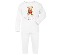 Personalised Baby Valentines Pyjamas Bodysuit Romper Sleepsuit Teddy Bear Heart PJs (First Valentines Bear Heart PJ, 6-12 Months)