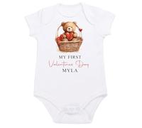 Personalised Baby Valentines Pyjamas Bodysuit Romper Sleepsuit Teddy Bear Heart PJs (First Valentines Bear Basket Vest, 0 Months)
