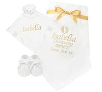 Personalised Baby White & Gold Shawl Blanket, 3D Teddy Comforter & Sock Booties Gift Set