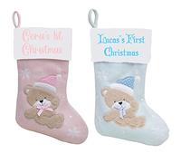 Personalised Baby's 1st Christmas Bear Stocking Embroidered with Name Sentimental Keepsake Gift Baby Blue Xmas Stocking Baby Pink Luxury Christmas Decoration (Teddy with Bow, Baby Blue)