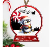 Personalised Baby's 1st Christmas Name Snowglobe Shaped Bauble Decoration - Custom Text Name Plaque With Xmas Designs - Tree Decoration Keepsake for New Parents & Family (Penguin)
